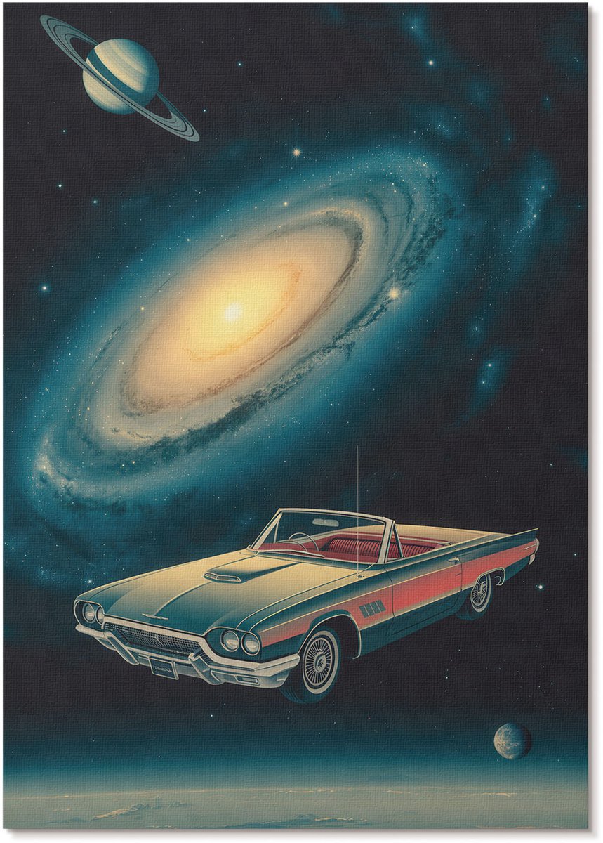 Tulup Polycanvas Wandposter - Ruimtereis, Illustratie - A4 - Blauw Design - Rechthoek - Canvasposter - Woonkamer, Slaapkamer, Kantoor - Retro