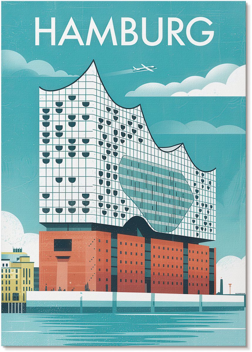 Tulup Polycanvas Wandposter - Hamburg Illustratie, Illustratie - A4 - Blauw Motief - Rechthoek - Interieurdecoratie - Woonkamer, Slaapkamer, Kantoor - Modern