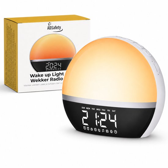 ADSafety Wake up Light wekkerradio met gloeiende oranje lichtkuppel en digitale klok 21:24.