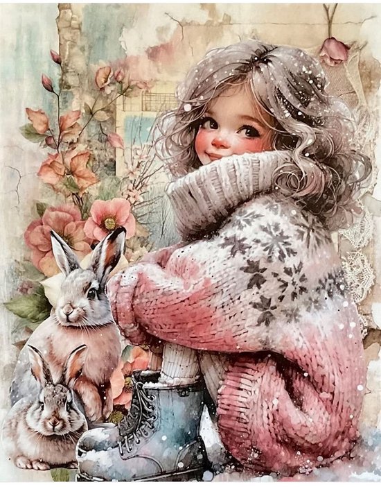 Une fille aux cheveux bouclés porte un pull rose à flocons de neige et est assise à côté de deux lapins, avec des fleurs en arrière-plan.