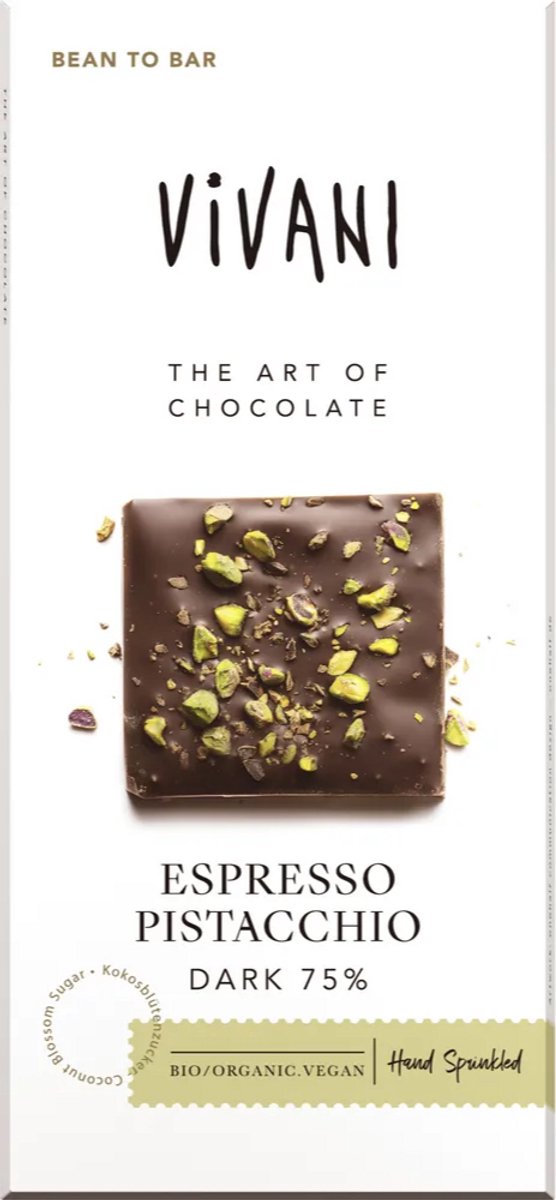 Vivani Chocoladereep Puur 75% Cacao Espresso Pistacchio