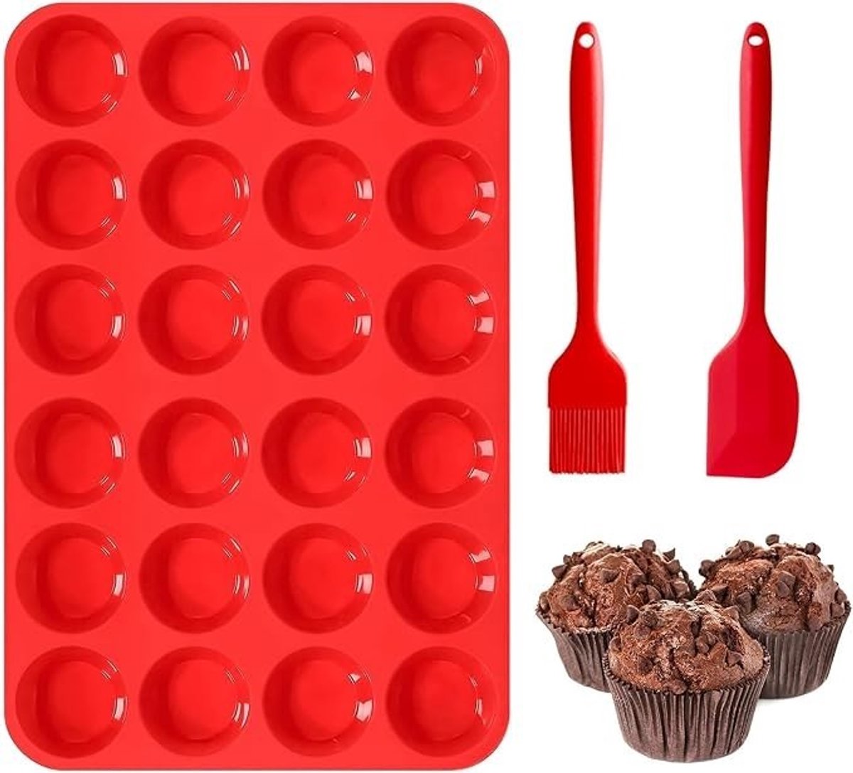 PolkaHome Mini Muffin Bakvorm Siliconen - 24 Cupjes - Anti-aanbaklaag - BPA Vrij - Vaatwasserbestendig - Inclusief Spatel en Kwast