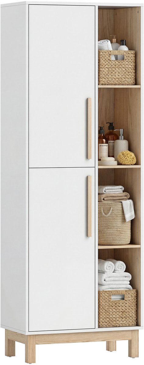 Smalle Badkamer Kast Wit – Kast met Open Planken – 2 Deur Opbergkast voor Badkamer – Wit en natuurlijk hout
