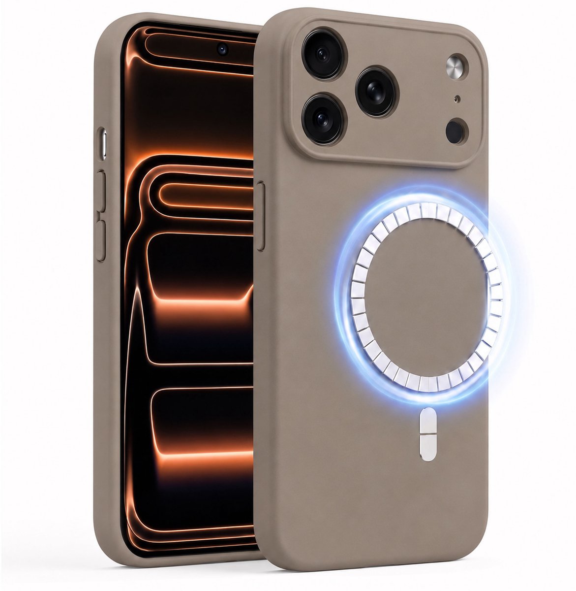 Hoesje geschikt voor Apple iPhone 17 Pro - Hoesje geschikt voor Magsafe - Draadloos opladen - Gehard Glas - Taupe