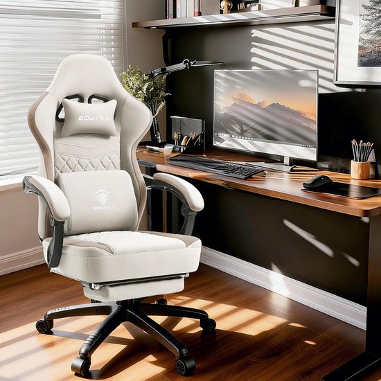Ergonomische Stoel - Bureaustoel Gaming - Comfortabel Zitten - Met Voetensteun - 160 kg Belastbaar - Beige — afbeelding 5