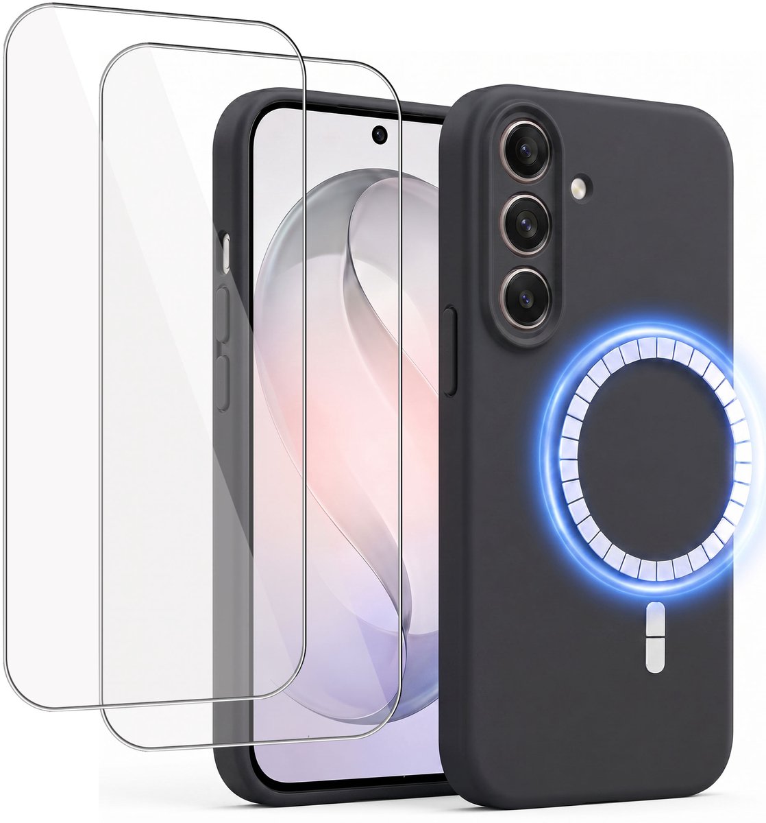 Hoesje + 2x Screenprotector geschikt voor Samsung Galaxy S26 - Hoesje geschikt voor Magsafe - Draadloos opladen - Gehard Glas – Zwart