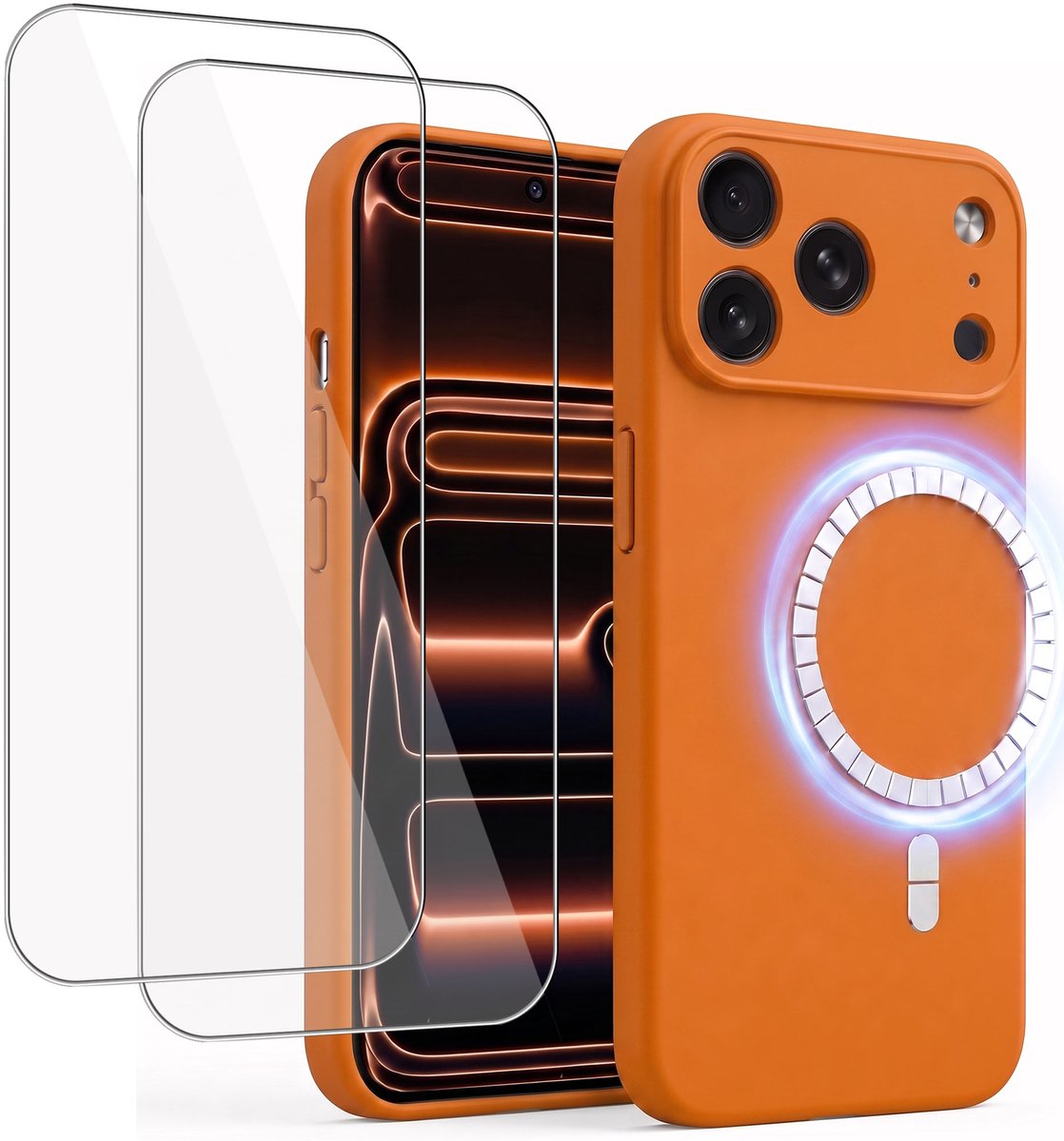 Hoesje + 2x Screenprotector geschikt voor Apple iPhone 17 Pro Max - Hoesje geschikt voor Magsafe - Draadloos opladen - Gehard Glas - Oranje