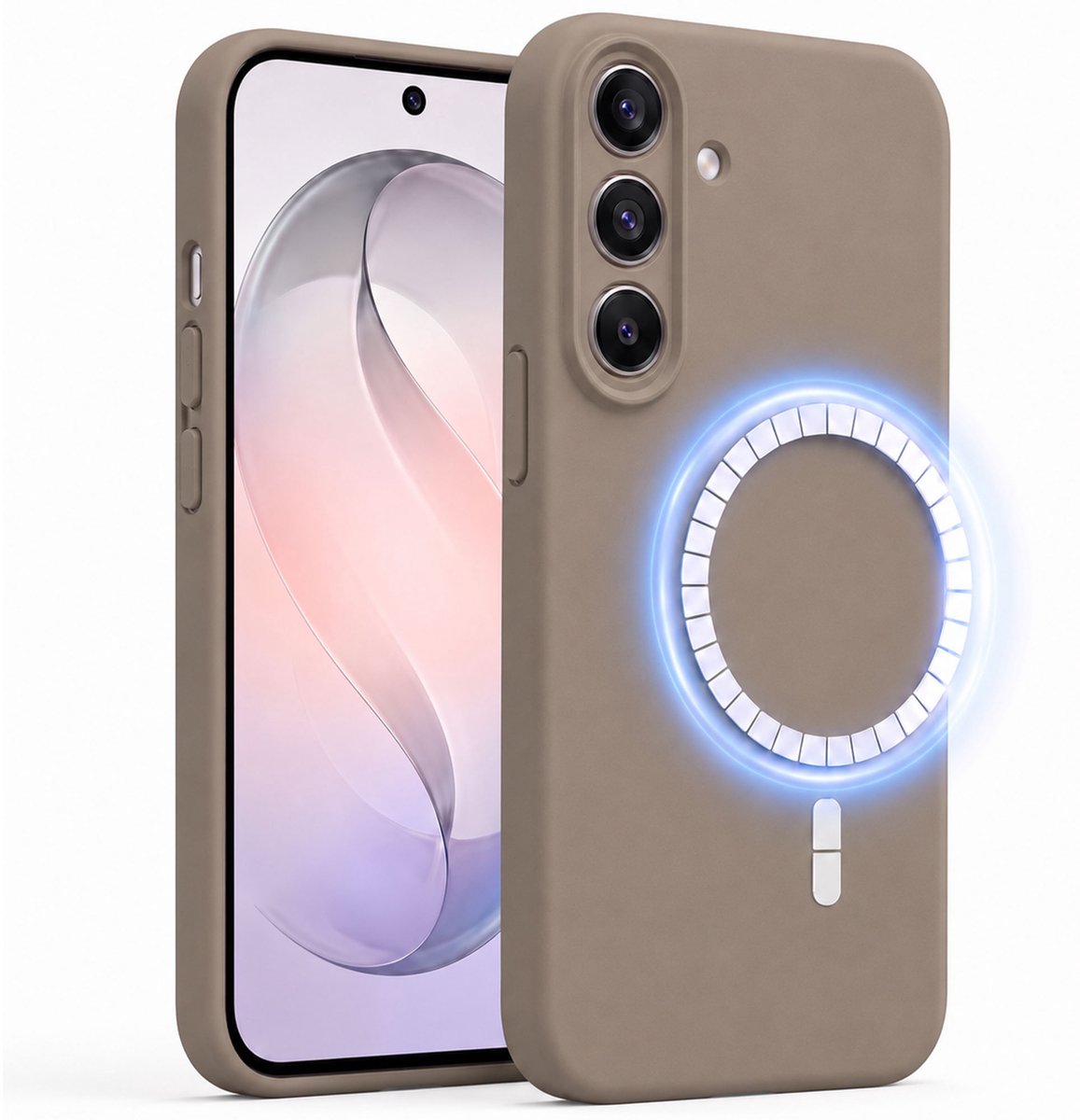 Hoesje geschikt voor Samsung Galaxy S26 - Hoesje geschikt voor Magsafe - Draadloos opladen - Gehard Glas - Taupe