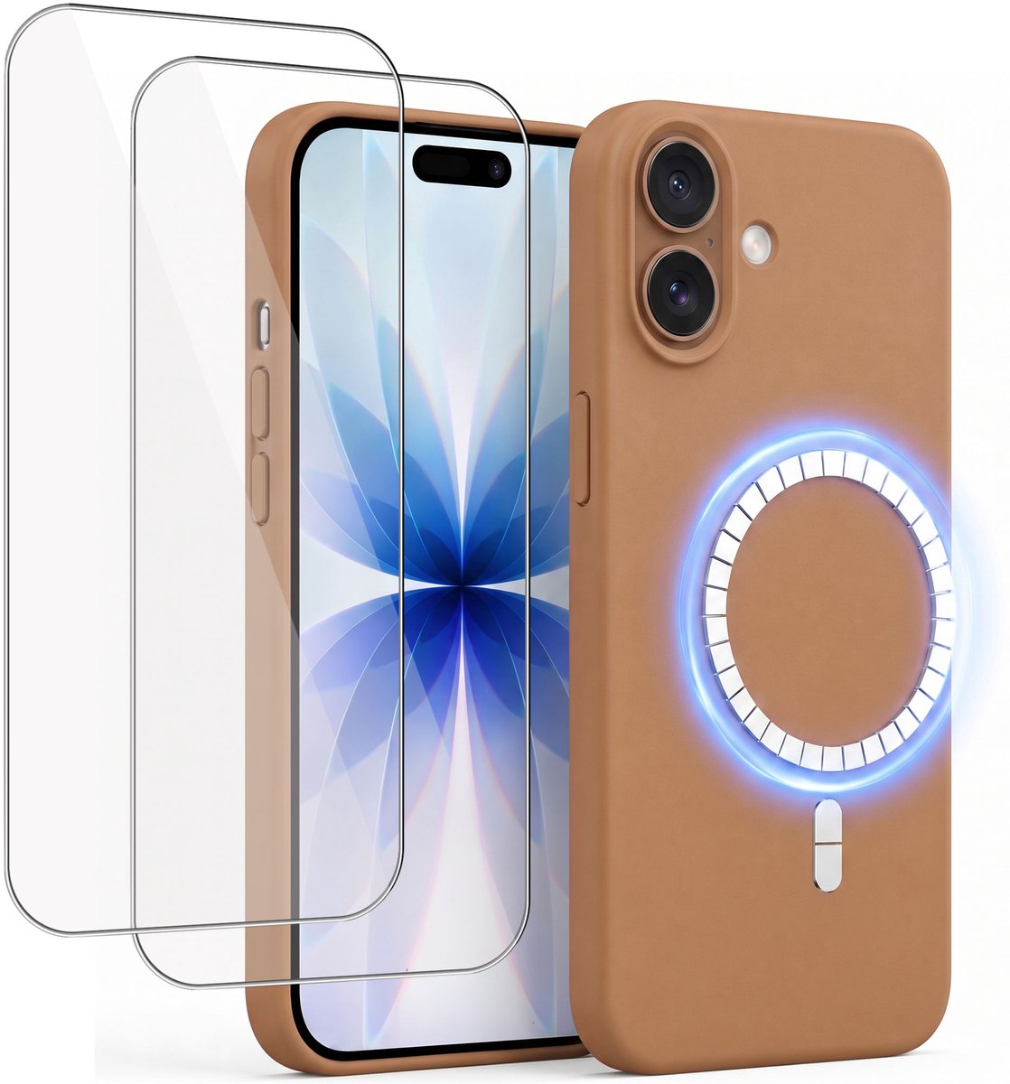 Hoesje + 2x Screenprotector geschikt voor Apple iPhone 17 - Hoesje geschikt voor Magsafe - Draadloos opladen - Gehard Glas - Bruin