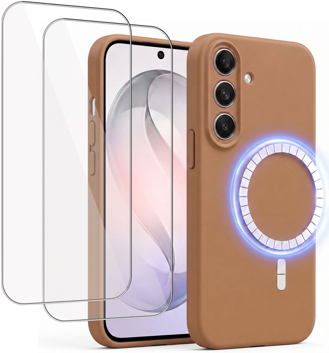 Hoesje + 2x Screenprotector geschikt voor Samsung Galaxy S26 - Hoesje geschikt voor Magsafe - Draadloos opladen - Gehard Glas - Bruin
