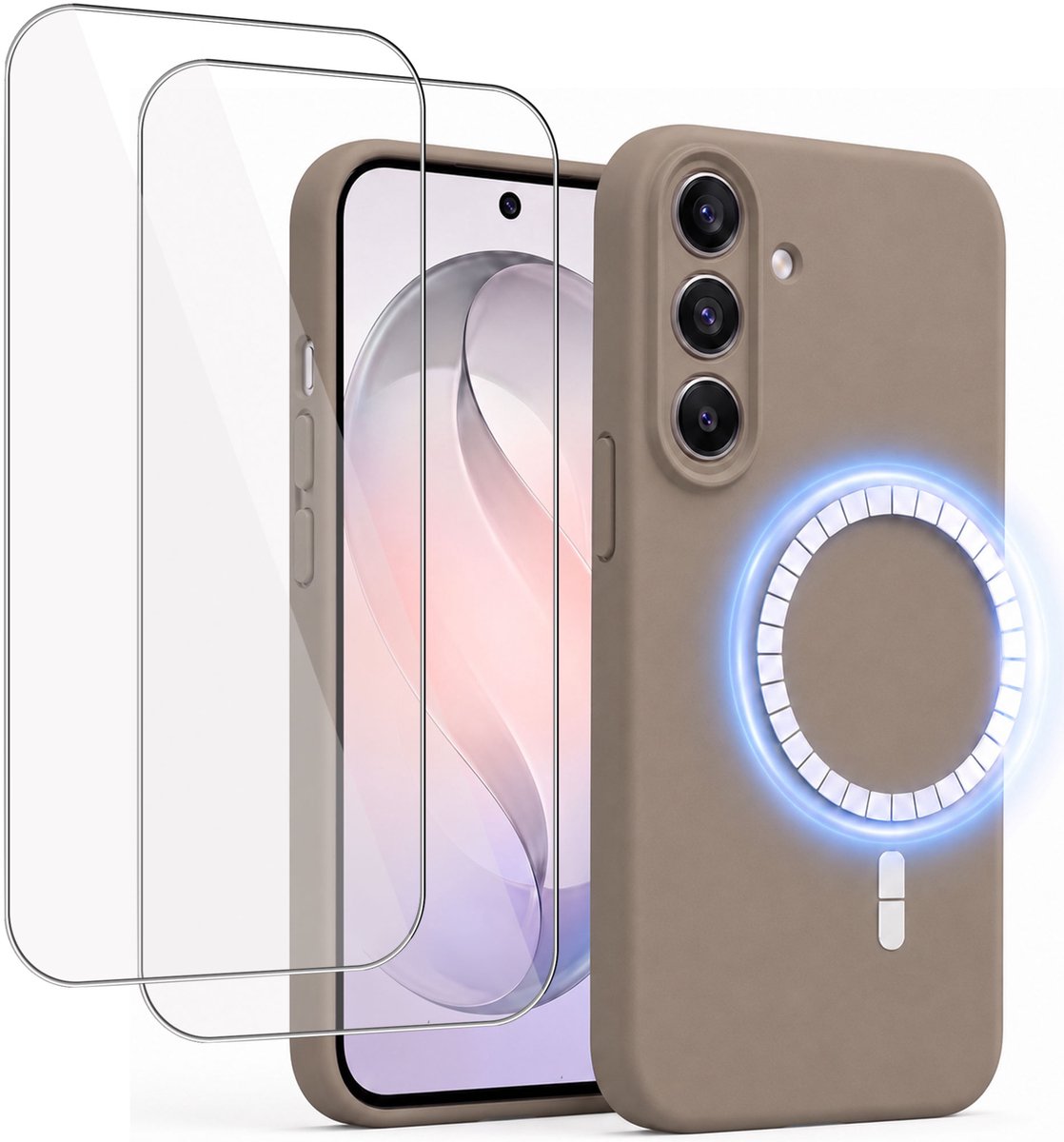 Hoesje + 2x Screenprotector geschikt voor Samsung Galaxy S26 Ultra - Hoesje geschikt voor Magsafe - Draadloos opladen - Gehard Glas - Taupe