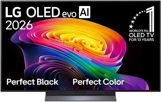 LG C6 OLED TV 48 inch met "Perfect Black, Perfect Color". Tekst: "LG OLED evo AI 2026" en "WORLD'S No.1 OLED TV FOR 13 YEARS".