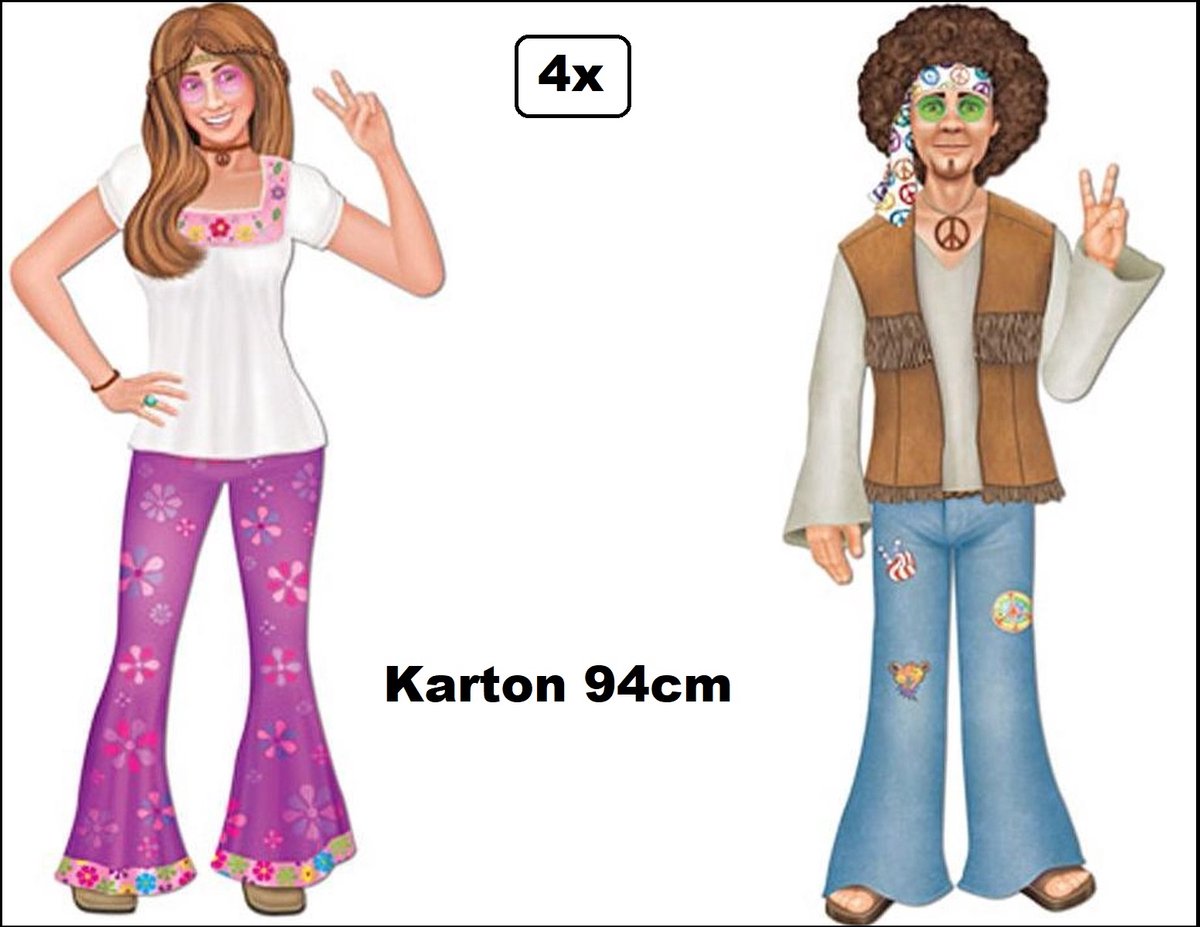 4 stuks Wand decoratie Hippie man/vrouw deco karton 94cm met beweegbare benen en armen - Disco hippy thema feest party festival