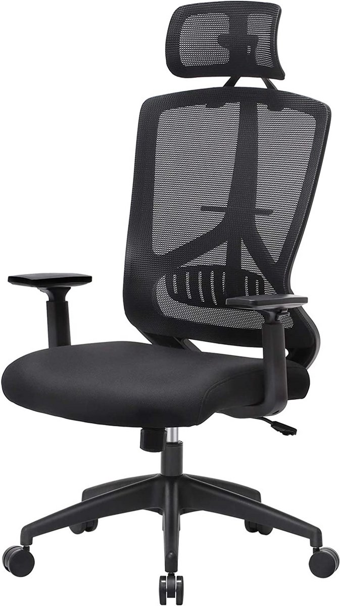 Ergonomische Bureaustoel 70 x 70 x 120-133 cm Zwart, Draaibare Computerstoel met Lendensteun, Verstelbare Hoofdsteun en Armleuningen, In Hoogte Verstelbaar, Kantelbare Rugleuning, Werkstoel voor Kantoor en Studeerkamer