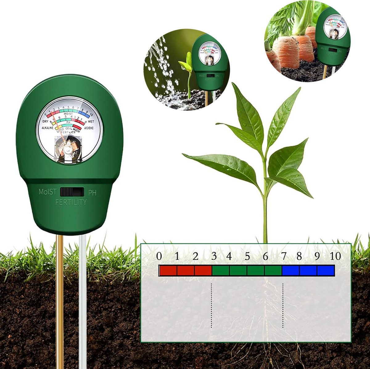 3-In-1 Bodemmeter, Bodemtester, Nauwkeurige Vruchtbaarheid Ph-Waarde Vochtgehalte, Batterijloos, Zeer Nauwkeurige Plantenverzorgingsset.
