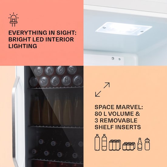 Klarstein Drankkoeler minikoelkast met glazen deur, minikoelkast voor op de kamer, kleine met verstelbare schappen, kleine koelkast van 80 liter, stille koelkast voor binnen en buiten - Touch - Wit - RVS LED - Drankkoelkast van Klarstein — afbeelding 5