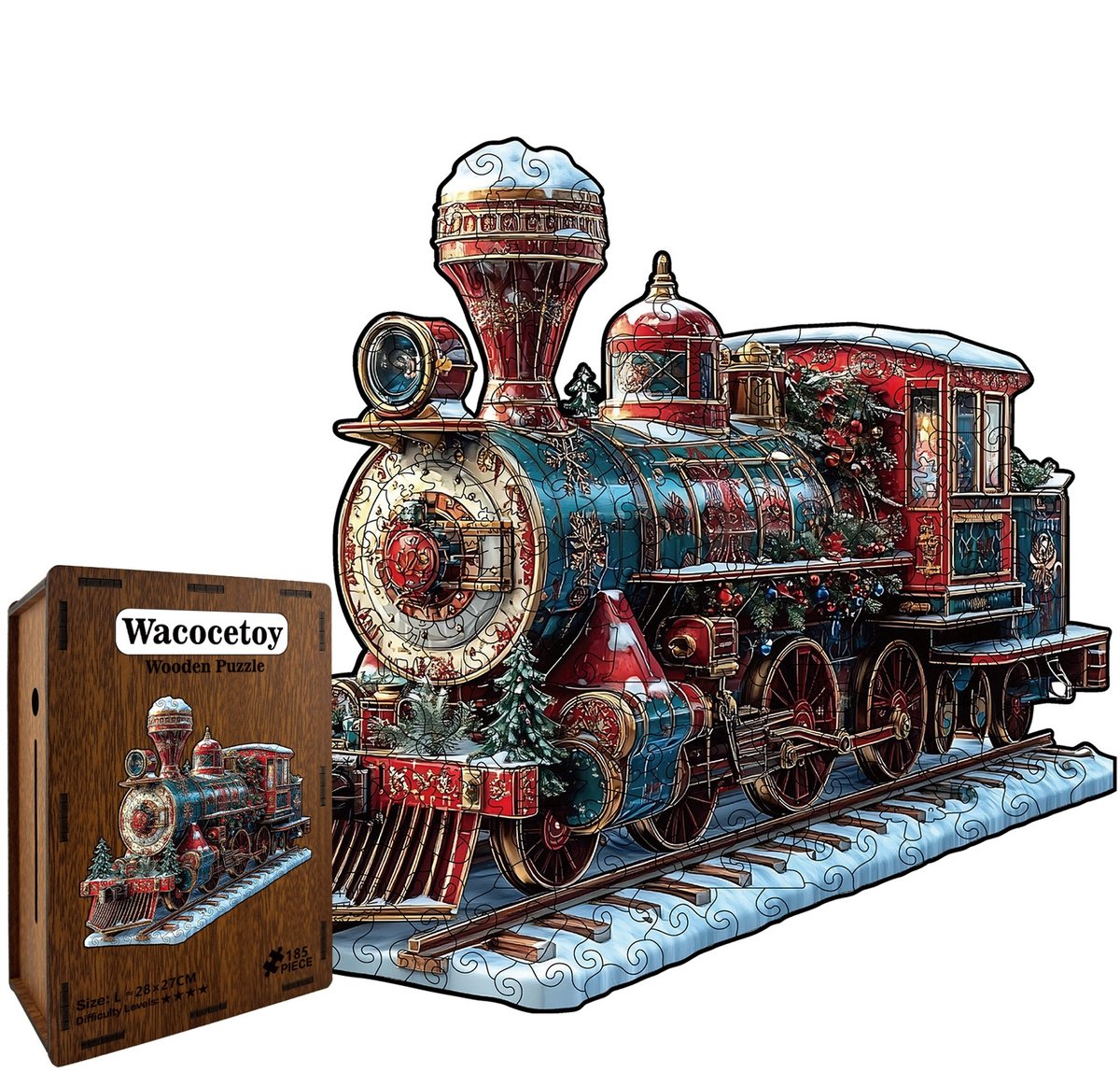 Casalora® Houten Puzzel Kersttrein 185 Stukjes – Unieke Vorm – Kerst Legpuzzel – Puzzel voor Volwassenen – Creatief Kerstcadeau – L