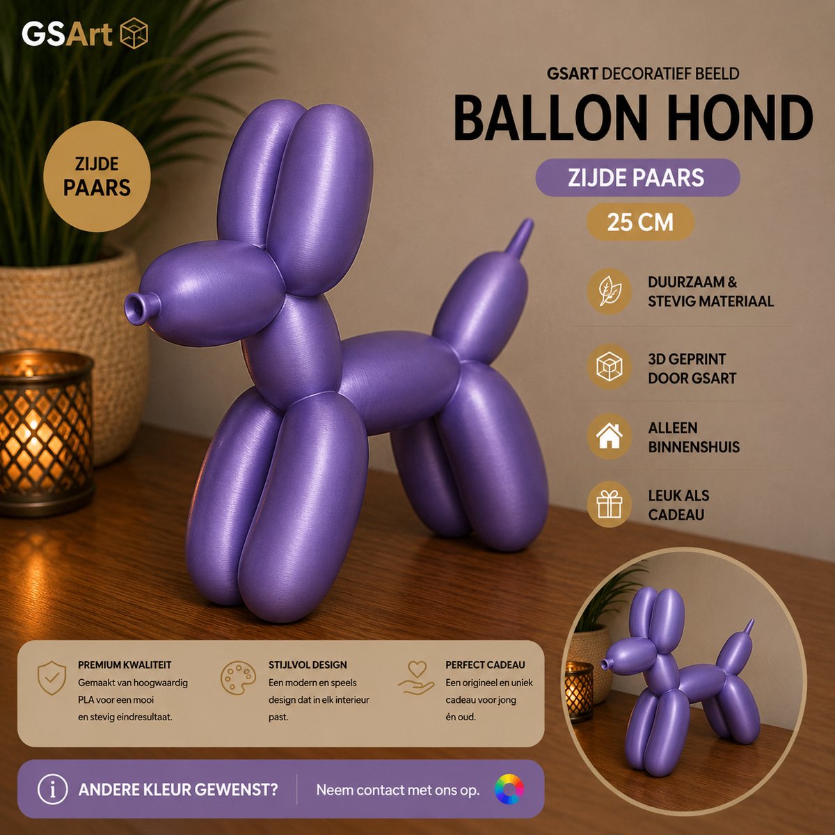 GSArt Decoratief Beeld Ballon Hond – 3D Geprint – Moderne Woondecoratie - 25cm Zijde Paars