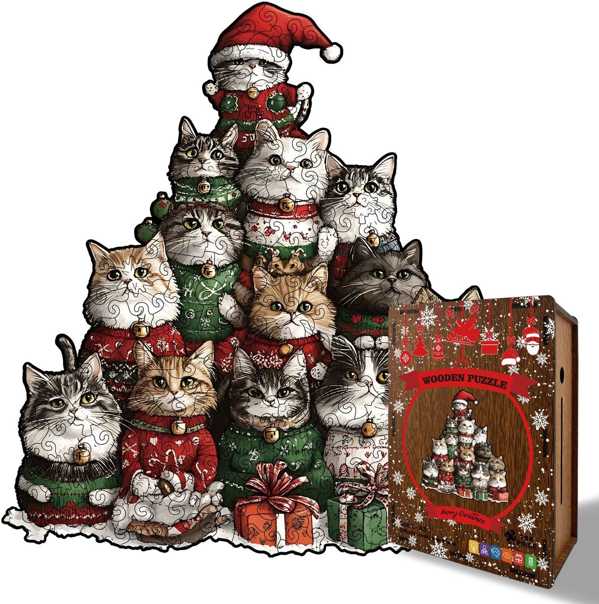 Casalora® Houten Puzzel Kerstkat 194 Stukjes – Unieke Vorm – Kerst Legpuzzel – Puzzel voor Volwassenen – Creatief Kerstcadeau – L