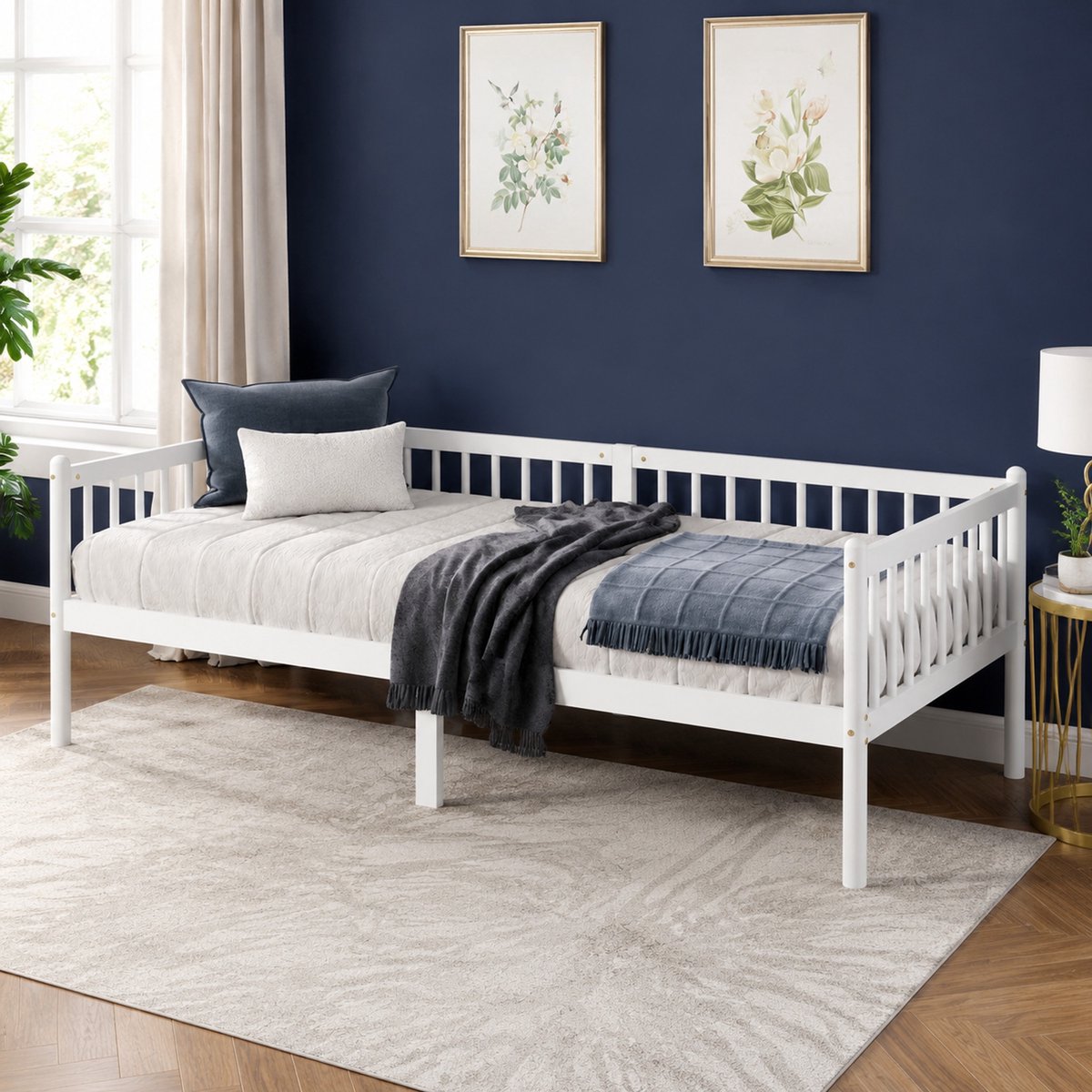 WUVRIE Slaapbank 90x200 cm met 3-zijdige reling, lattenbodem en opbergruimte, wit