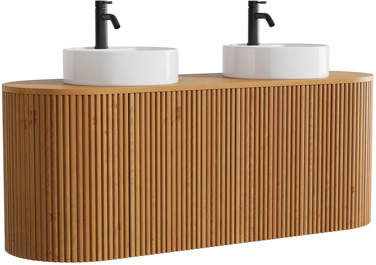 Vente-unique Zwevend teakhouten badkamermeubel met dubbele ronde opbouwwastafel en kraan - Natuurlijk licht - 150 cm - TOWARI