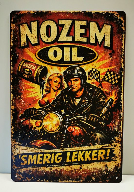 Plaque publicitaire rétro avec un motard et une femme, texte 'NOZEM OIL' et 'SMERIG LEKKER!'.