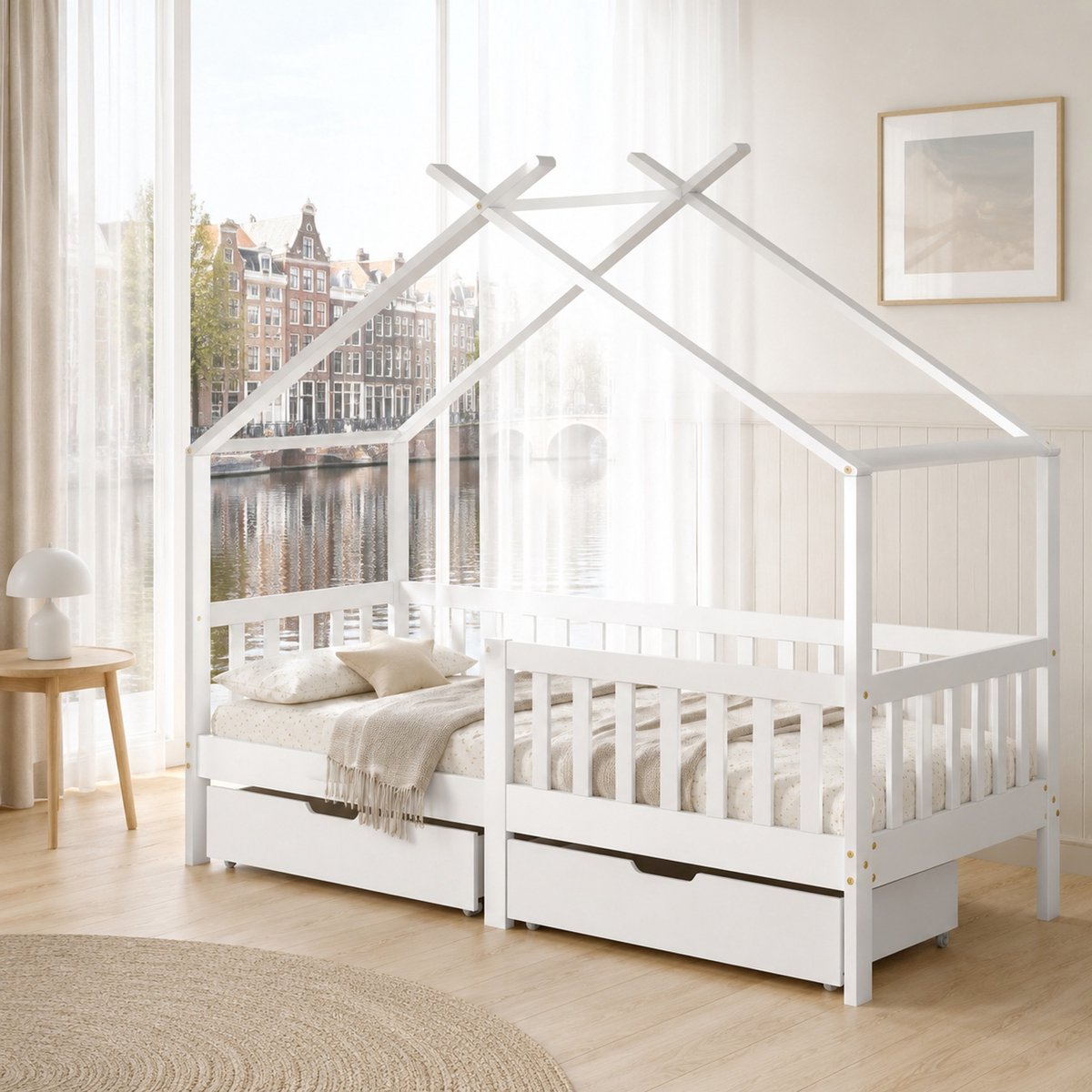 WUVRIE Huisbed kinderbed 200x90 cm met 2 lades, uitvalbeveiliging en lattenbodem, wit