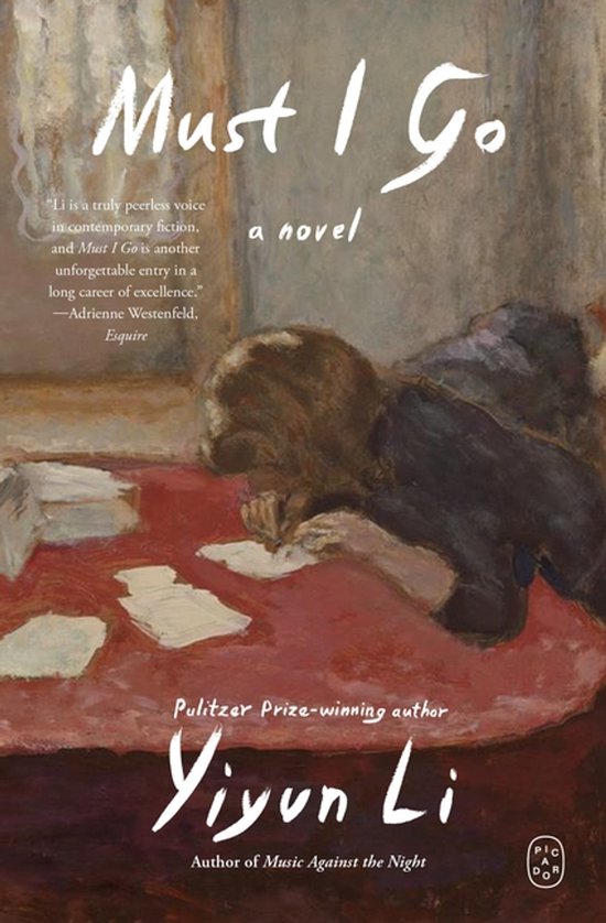 Boekcover 'Must I Go' van Yiyun Li, een roman, met een illustratie van een vrouw die schrijft aan een tafel.