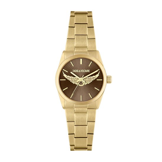 Montre dorée avec cadran marron orné d'ailes dorées et du logo "ZADIG & VOLTAIRE".