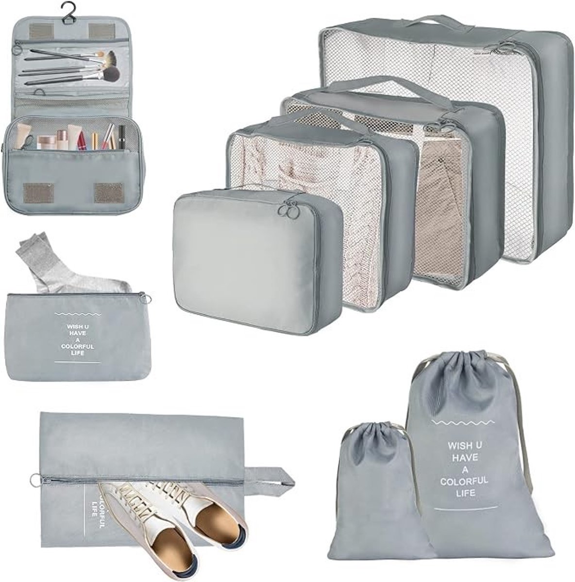 PolkaHome Reiskoffer Organizer Set 9-delig - Waterdichte Pakkubussen met Mesh, Schoenenzak en Toilettas - Grijs