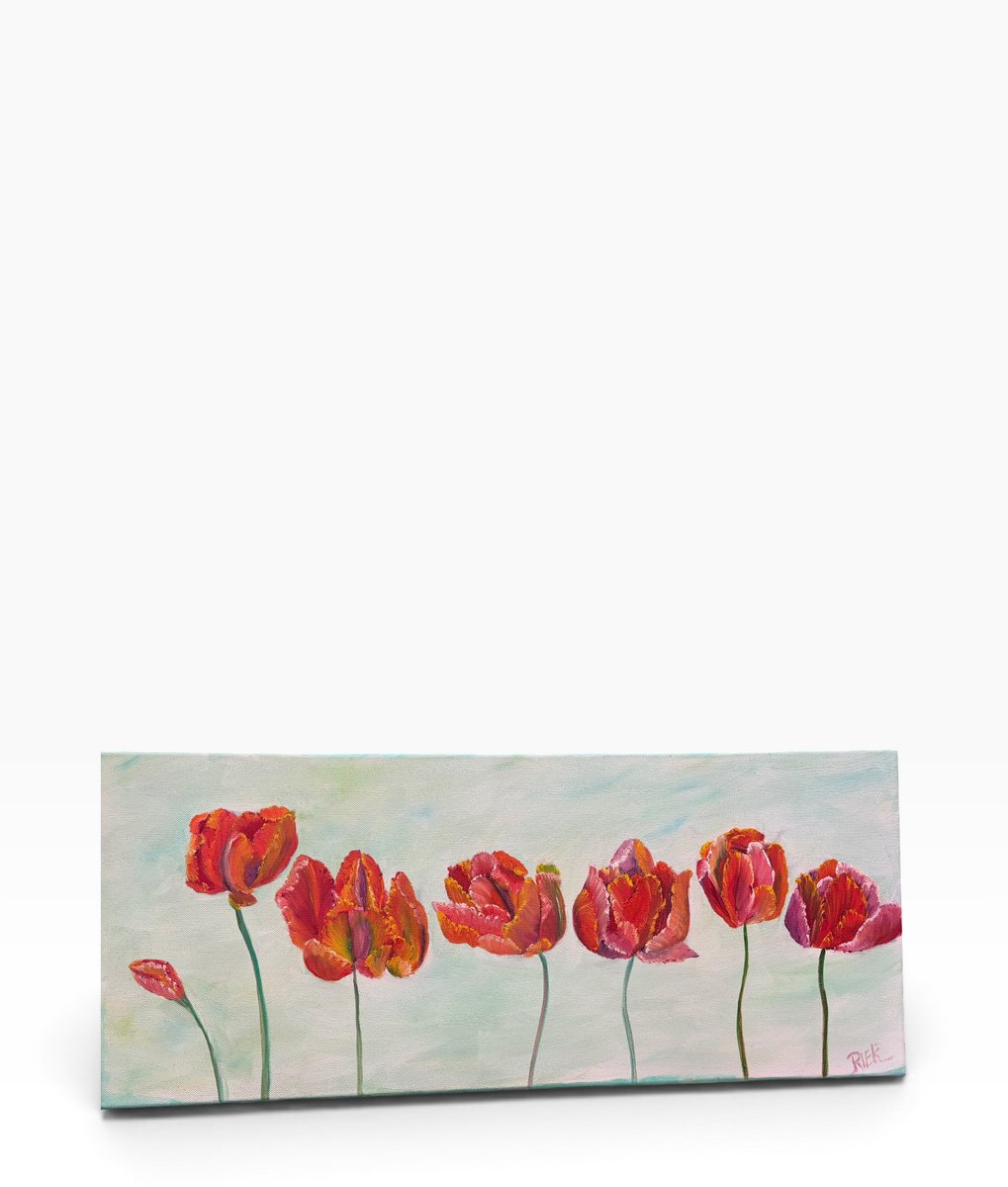 Kleurrijk Olieverfschilderij Tulpen – Handgeschilderd door Riek van de Bor – 70 × 29,5 cm