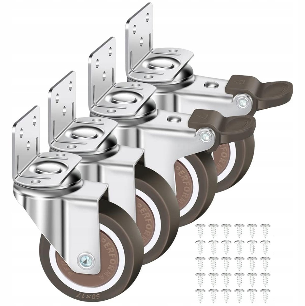 Set van 4 zwenkwielen van 50 mm, 100 kg meubelwielen, L-type meubelwiel met rem, 360° draaibaar, voor binnen- en buitengebruik (2 wielen met rem, 2 wielen zonder rem)