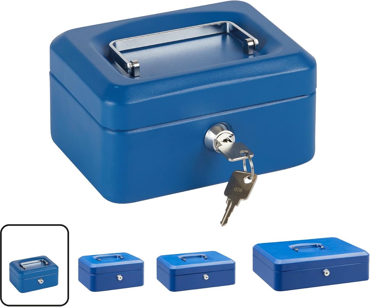 Stalen geldkist met sleutelslot en muntinzet, 15 cm breed, blauw