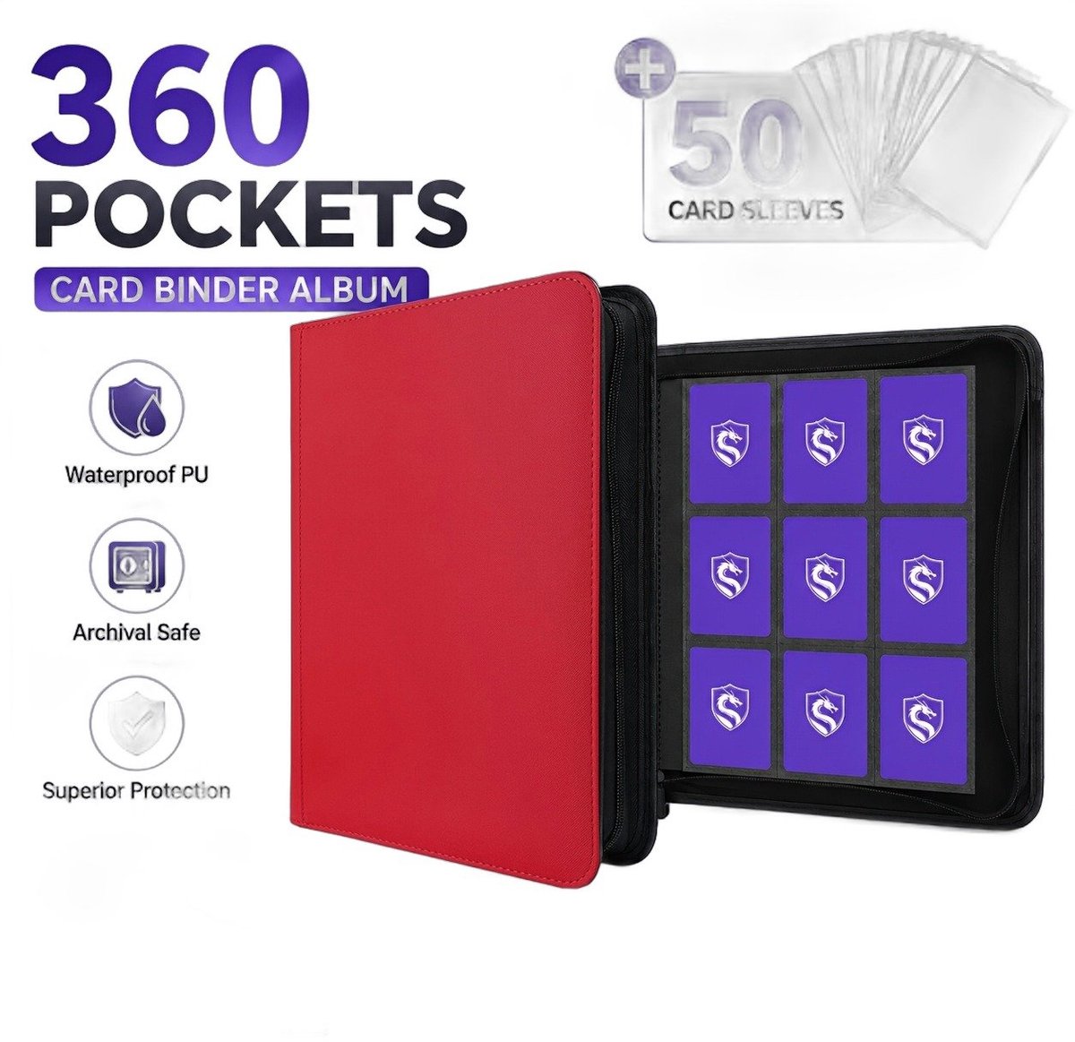 Currero Toploader Binder - Verzamelmap Kaarten - Geschikt voor Pokemon - 4 Pocket - 9 Pocket - 12 Pocket - Trading Card Map - Toploadermap - Rode+50 Kaarthoezen