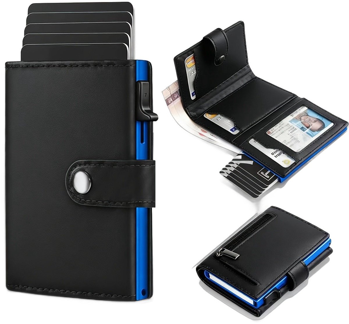 Currero Portomonee - Portemonnee Dames & Heren - RFID Anti Skim - Pasjeshouder - Klein Model - Met Rits - Kunstleer - Blauw