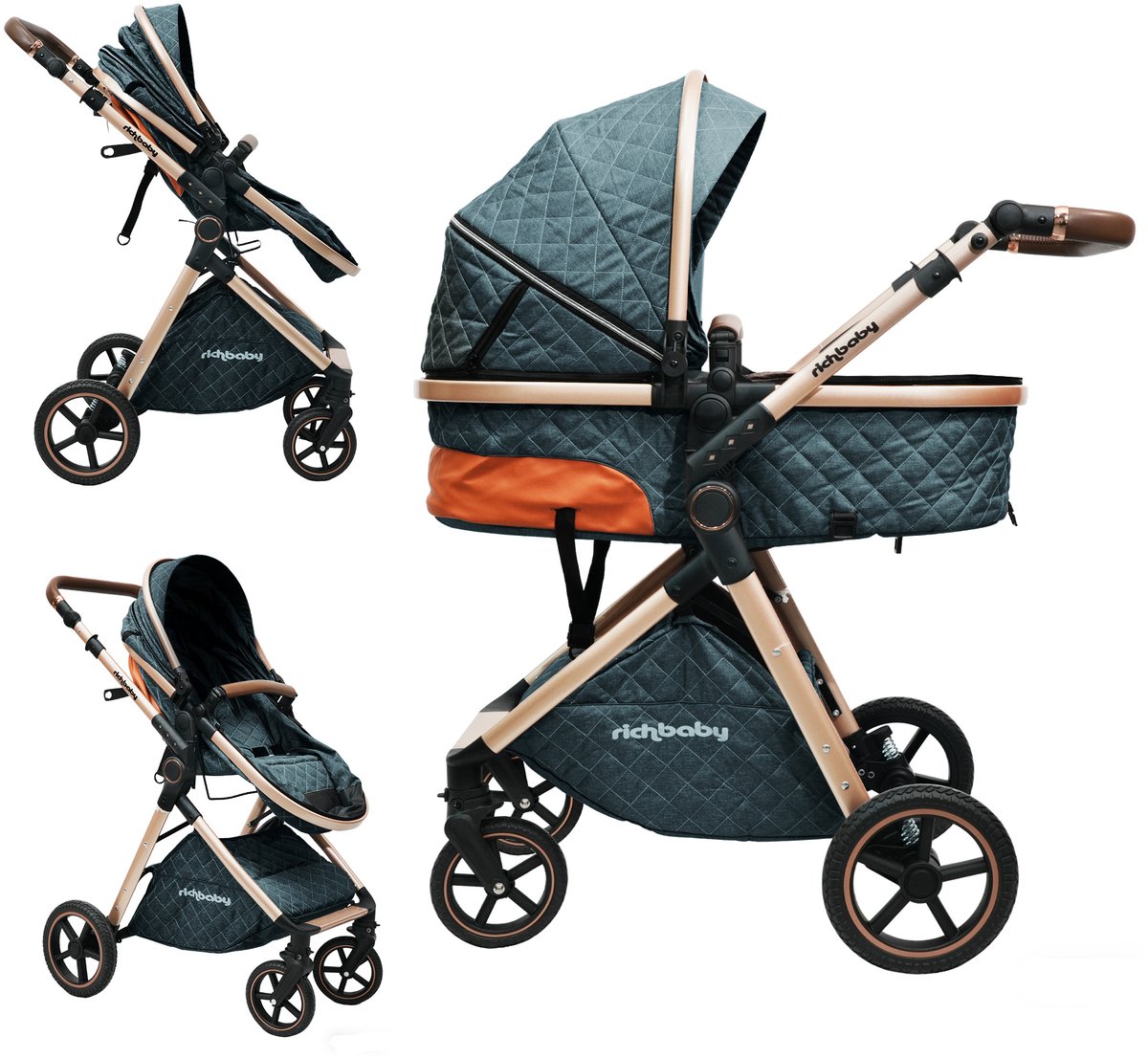 MODFU - 2-in-1 Kinderwagen - Omkeerbare Afneembare Reiswieg - Inklapbaar - All-Terrain - Antique Blue