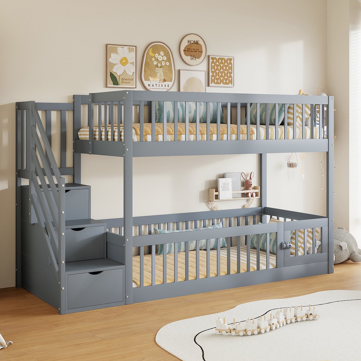 REDOM - Stapelbed voor kinderen - Veiligheidstrap met lades - Uitvalbeveiliging boven en onder - Houten bedframe - Kinderkamer - Hout - Grijs - 253 x 95 x 130 cm