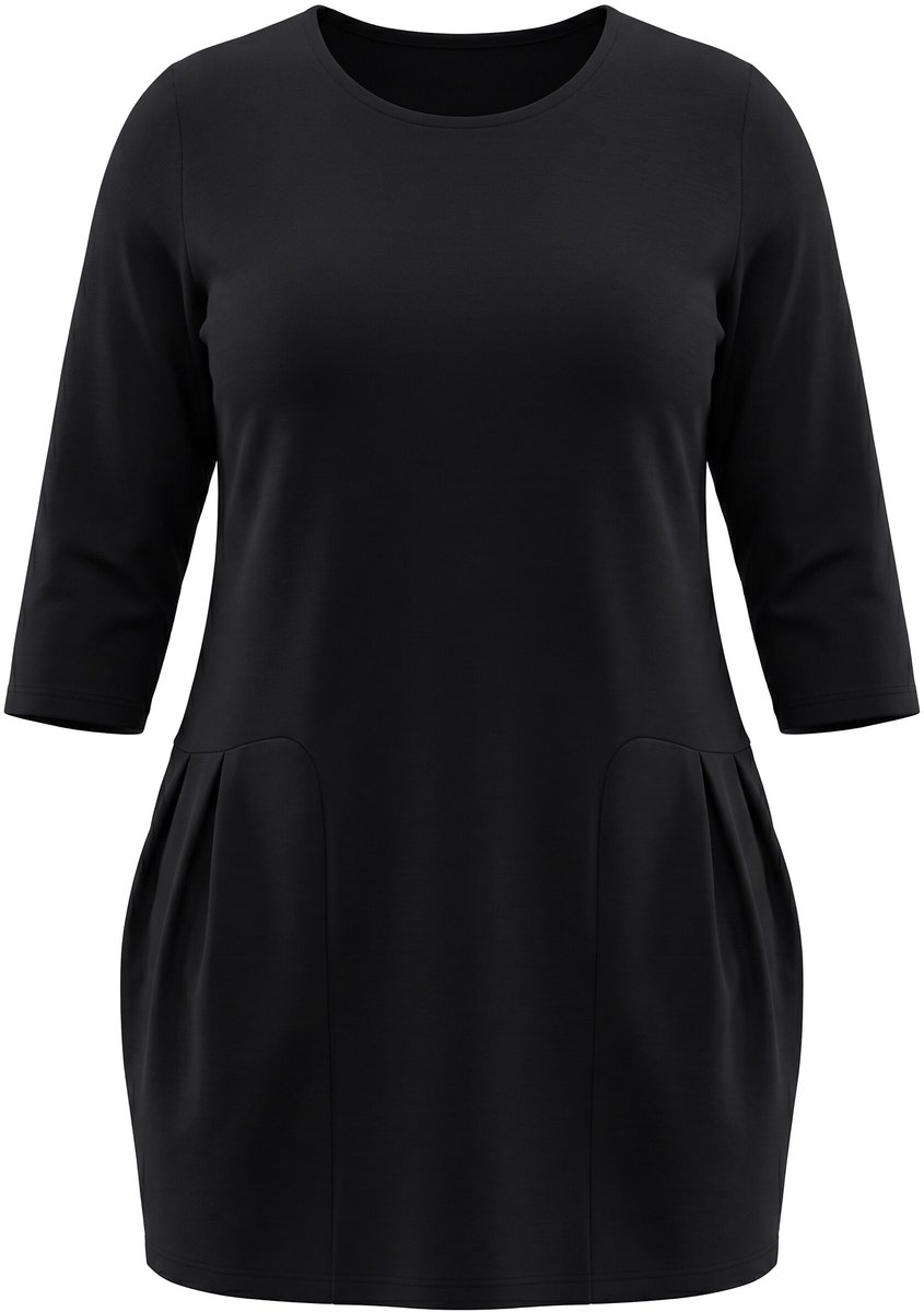 Ulla Popken - Dames - Jersey jurk decoratieve plooien A-lijn ronde hals - Zwart - Maat 50+