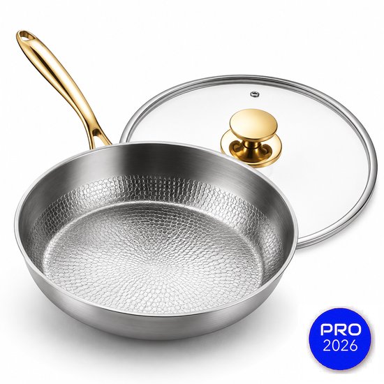 Titanium Koekenpan Met Gouden Handvat - Titanium Koekenpan - | Titanium Koeken - Titanium Pan Met Deksel 26CM - Titanium Pan Gehamerd - Gehamerde Titanium Koekenpan - PFAS Vrije Koekenpannen - Anti-Aanbak - Inductie - For Kitchen Use
