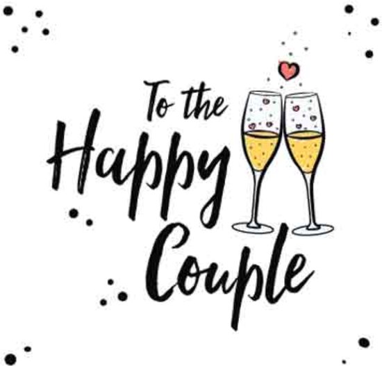Carte de vœux avec le texte 'To the Happy Couple' et deux coupes de champagne remplies de bulles et de cœurs.