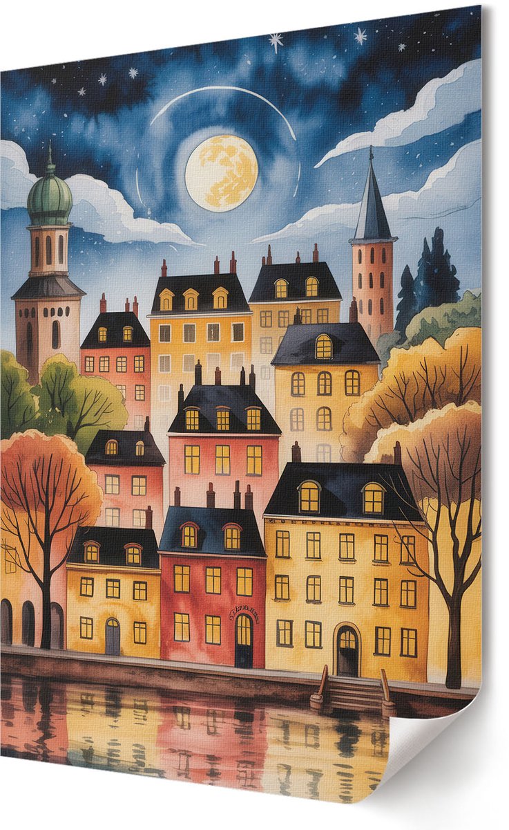 Coloray Polycanvas Poster - Nachtstad, Waterverf - 420 x 594 - Blauw Kunst - Rechthoek - Kunstposter - Woonkamer, Slaapkamer, Kantoor - Kinder