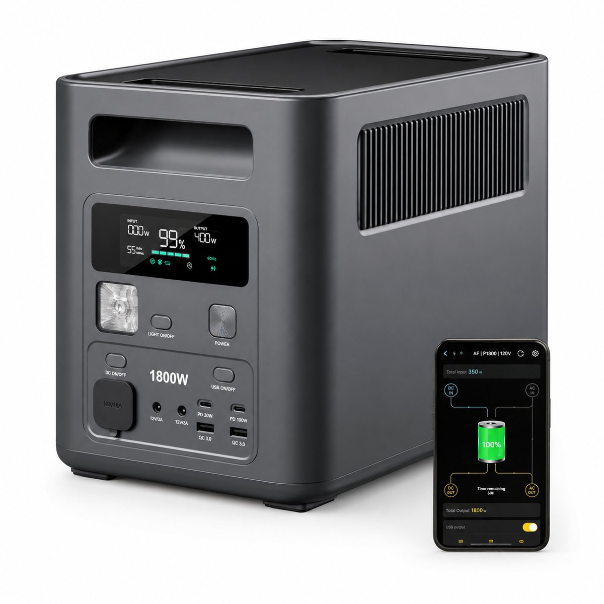 Powerstation 1800W – 1024Wh LiFePO4 – Snelladen in 1 Uur – 9 Uitgangen – UPS – App Bediening