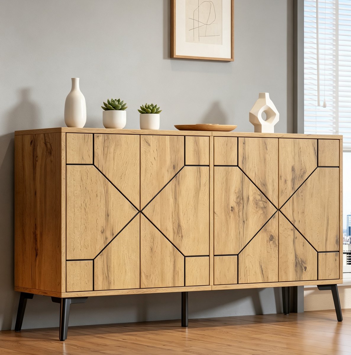MODENUIT Dressoir - 4 Deuren Met Drukopening - Voor Woonkamer En Hal - MDF En Metaal - 120x35x69 Cm - Naturel