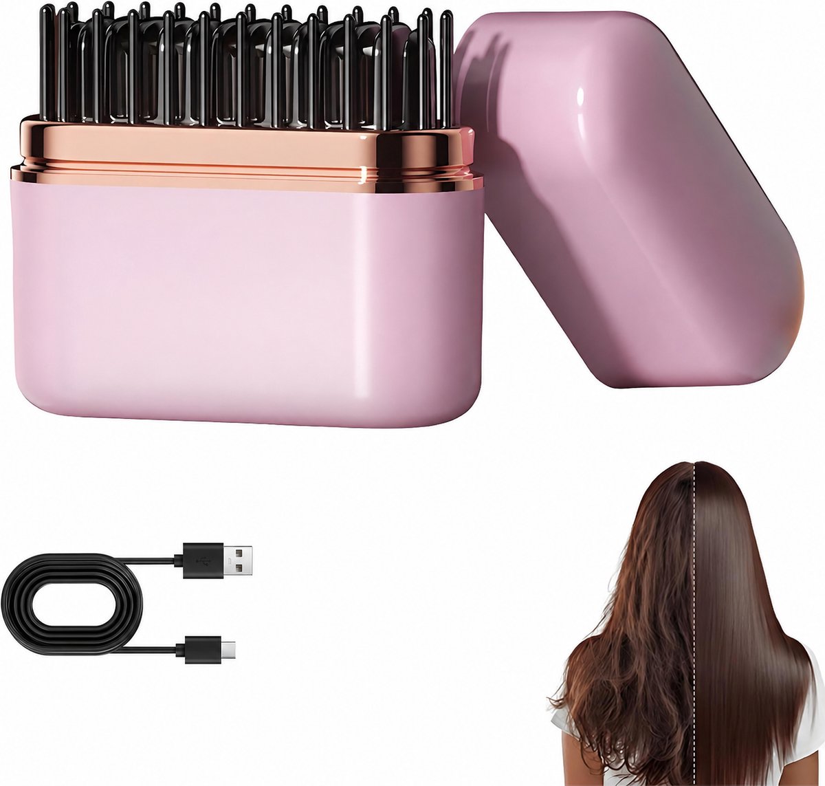 Bobypet - Stijltang - Mini Draadloze Stijltang 2-in-1 - Met 3 Standen - USB-C -Compacte - Oplaadbare Keramische Stijlkam - Voor Reizen, Kort Haar en Touch-up - Roze