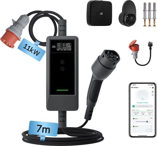 Grijze mobiele EV-lader met 7 meter kabel, 11kW, CEE naar Type 2 stekker en LCD-display. Inclusief app-weergave.