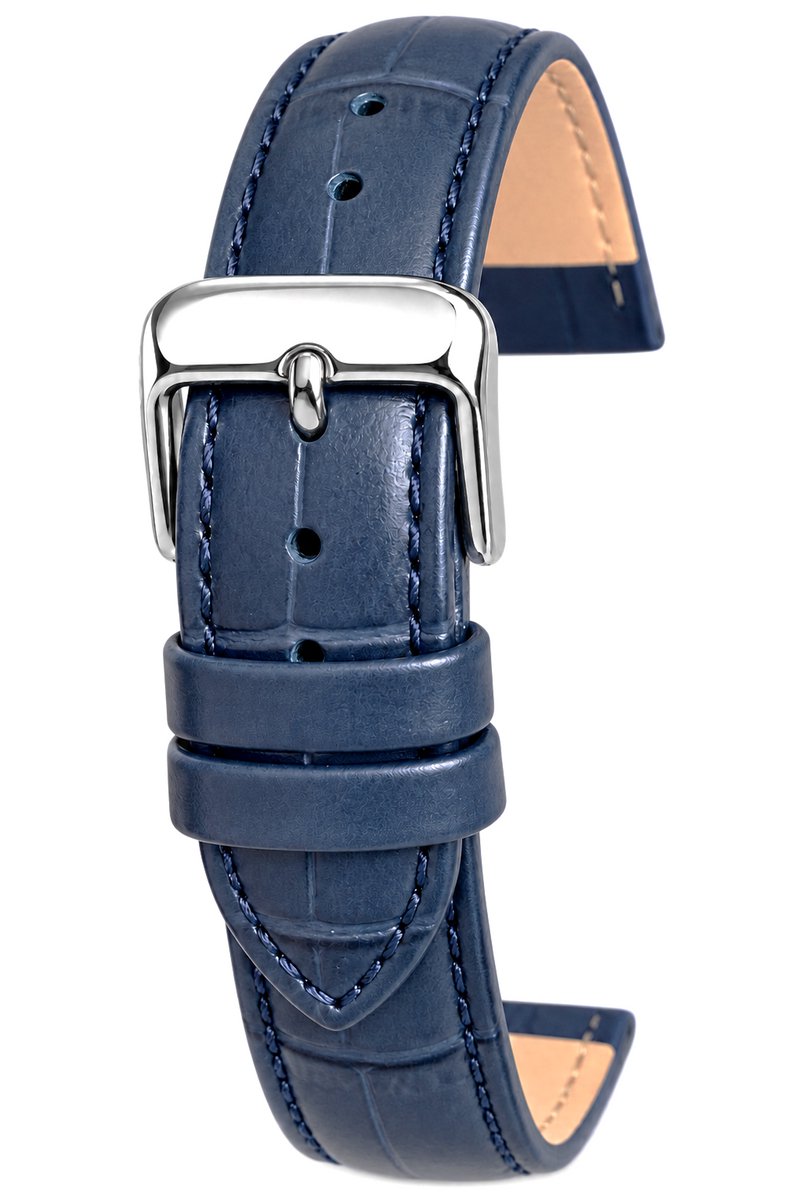 Horlogeband-Horlogebandje-18mm-BLAUW-Echt leder-Gevuld-leer-Plat-Zacht-Soepel-Croco -Gestikt-Stalen Gesp-18 mm