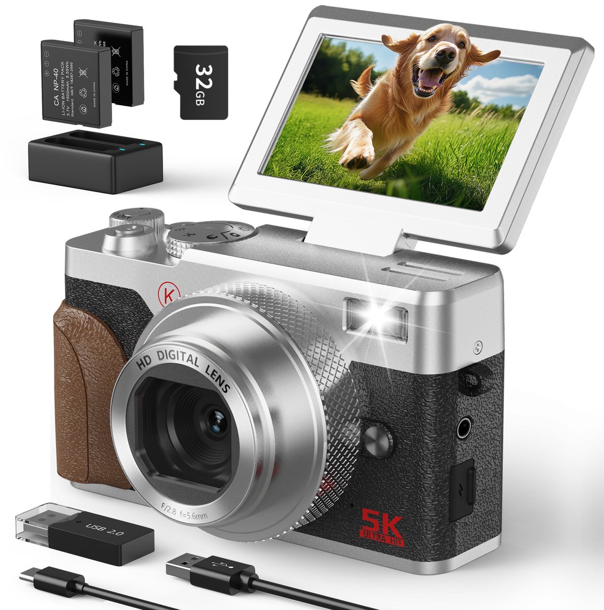 NBD K100 Digitale Camera - 5K - 18X Digitale Zoom - 64MP - 180° Flip Scherm - 3 inch Scherm - 2 Accu's - Zilver