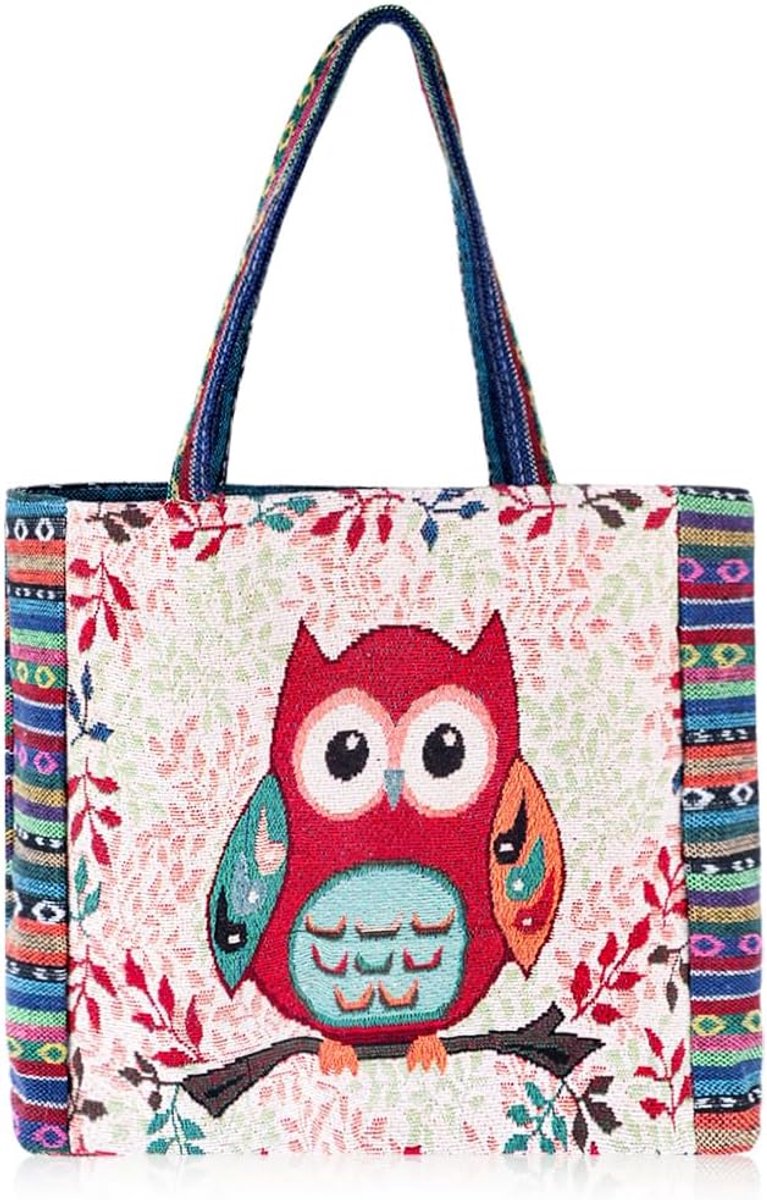 Canvas Uil Tote Bag Esthetische Gehaakte Hobo Handtassen Winkelen Schoudertas met Zip Interieur Pocket Geborduurd Herbruikbaar voor Vrouwen Strand Boodschappen