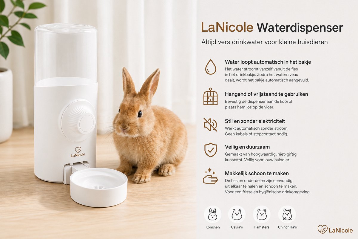 LaNicole-Waterdispenser-500ml-WIT-konijnen-kleine dieren-pet feeder
