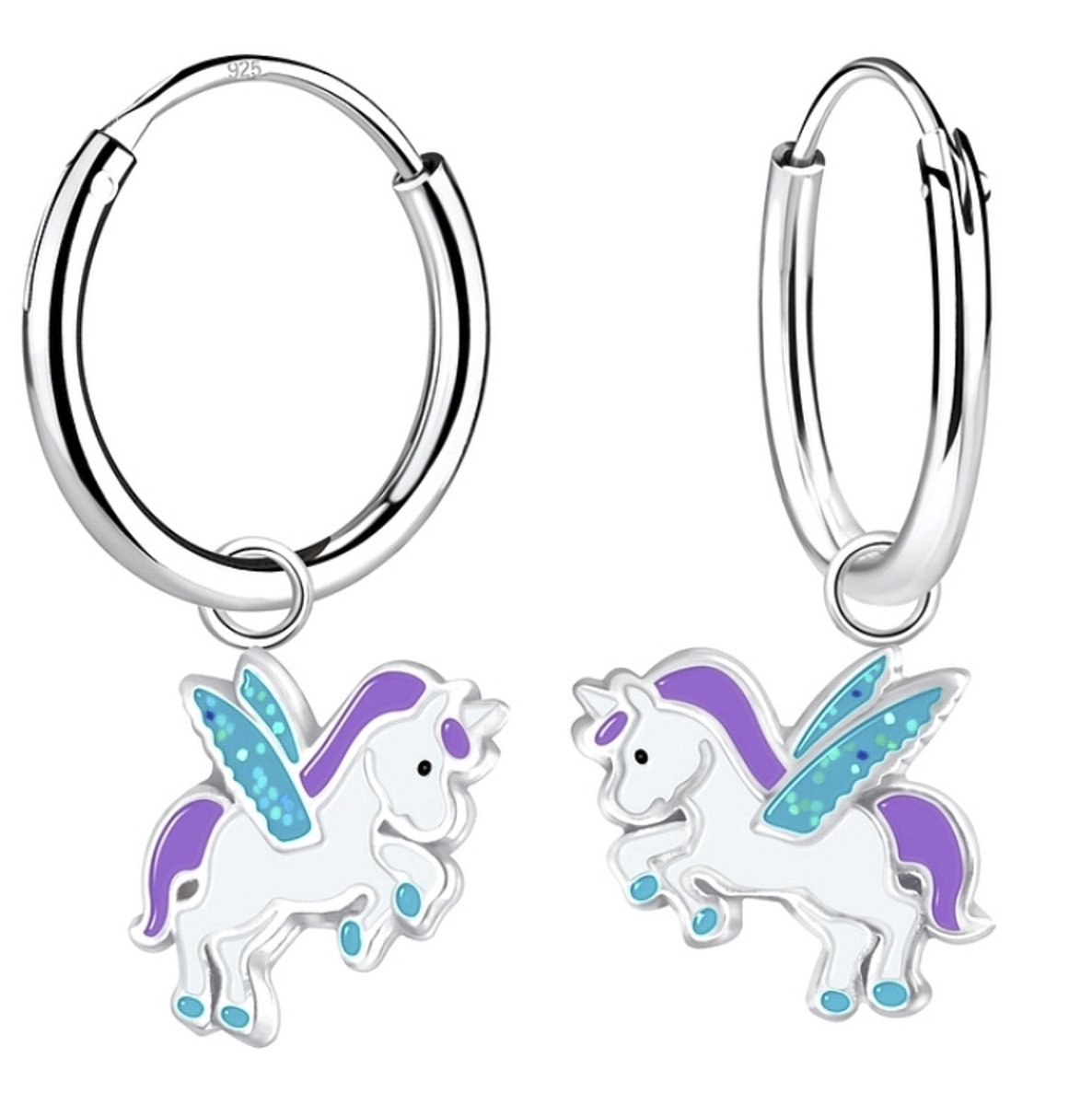 Joy|S - Zilveren eenhoorn oorbellen - paars wit met blauwe vleugeltjes - unicorn oorringen - kinderoorbellen - sterling zilver 925